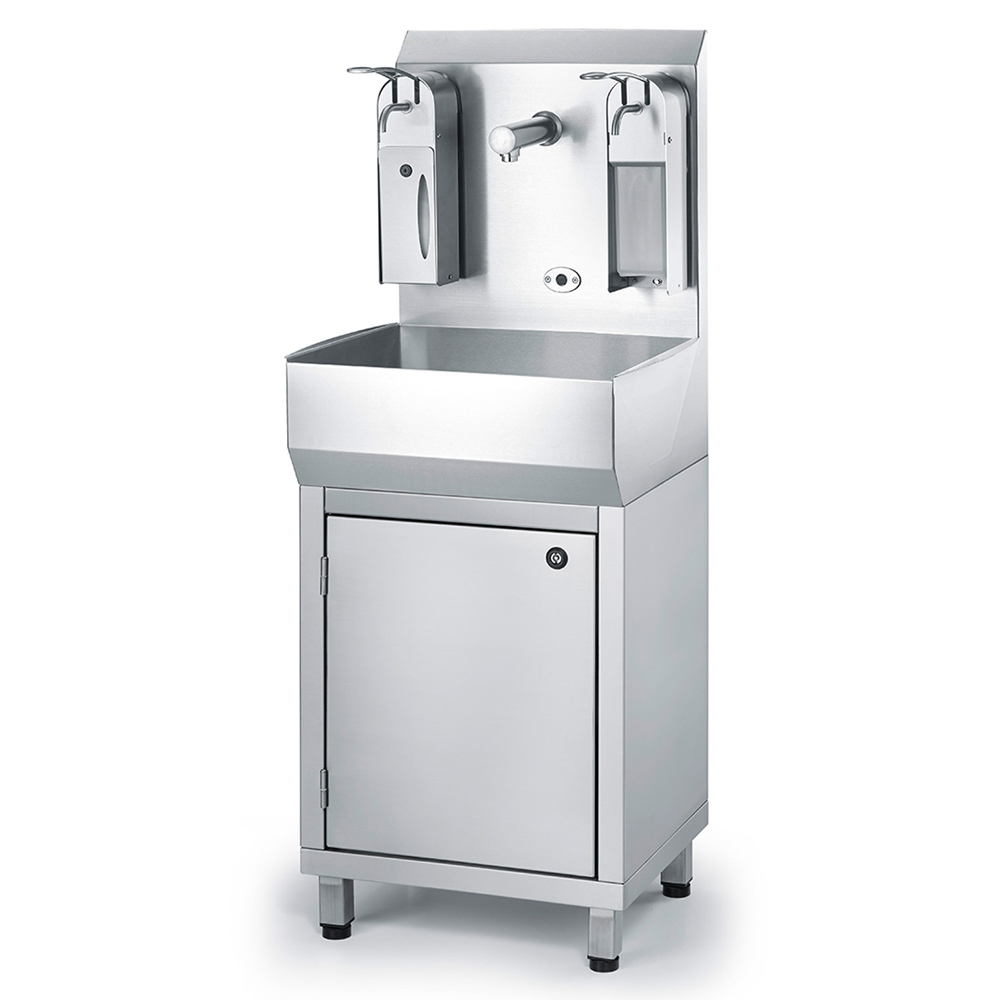 Sensor-activated hand wash basin with vanity cabinet