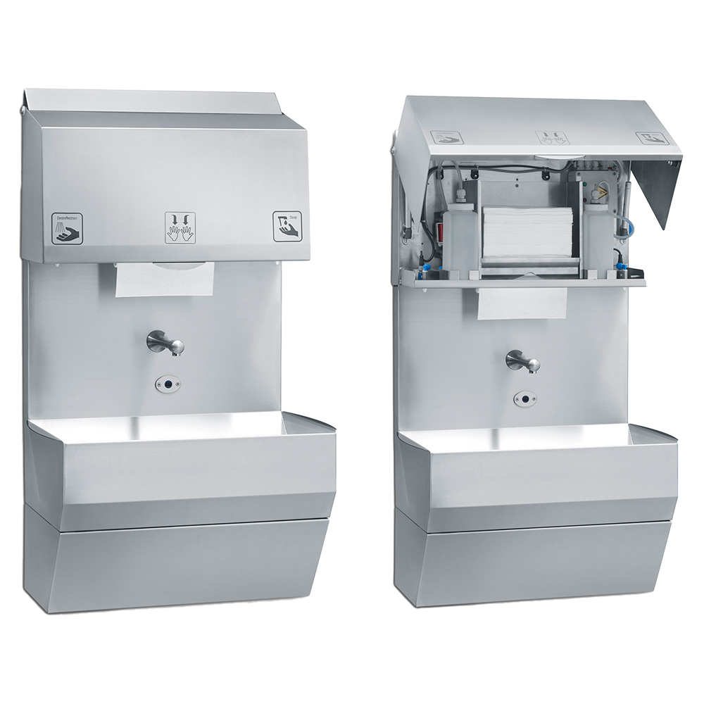 Sensor-activated hand wash basin with towel dispenser - Image 3
